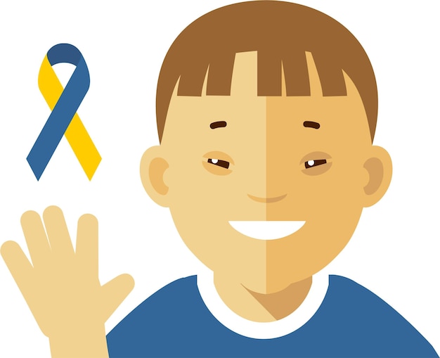 Vector ribbon and child boy with down syndrome waving