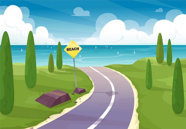 road to the beach. Beautiful road on the natural landscape to the beach with a pointer, sign.