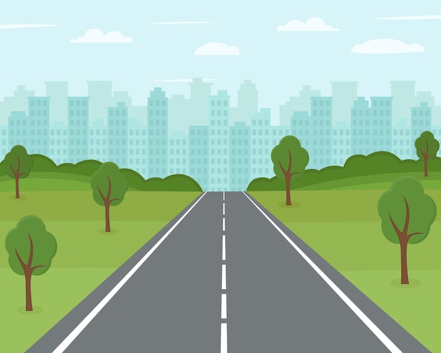 Road to city Empty road with cityscape on horizon Vector illustration