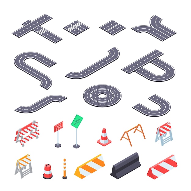 Road under construction isometric kit illustration