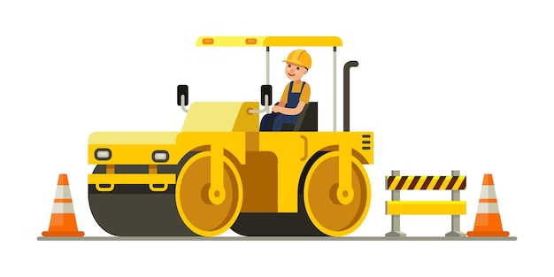 Vector road construction worker with roller compactor heavy equipment