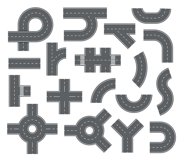 Road elements. Streets and roads with footpaths and crossroads for city map. Speedway navigation top view vector set. Road highway, plan traffic speedway, crossroad street illustration