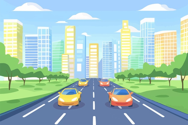 Vector road in front of multistorey buildings with city landscape