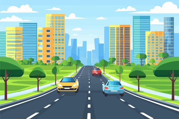 Vector road in front of multistorey buildings with city landscape