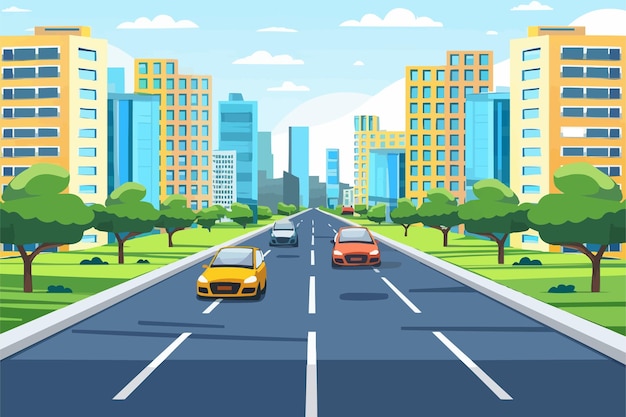 Vector road in front of multistorey buildings with city landscape