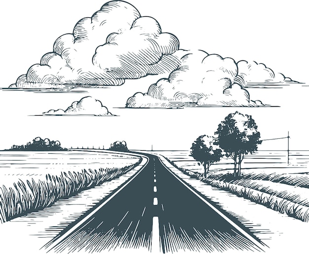 road going beyond the horizon going through fields vector drawing stencil