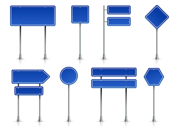 Road icons Realistic blue street signposts with white frame on metal stand Traffic signage and outdoor pointers Banners for regulation transport moving Vector highway symbols set