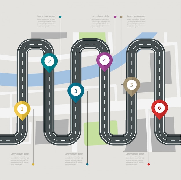 Road infographic stepwise structure with pin pointer. Navigation  with city map 