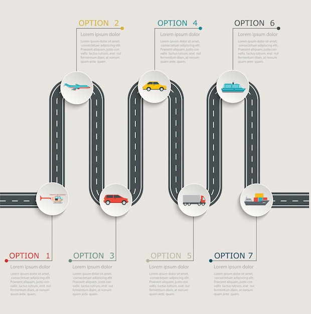 Road infographic stepwise structure with transportation icons. 