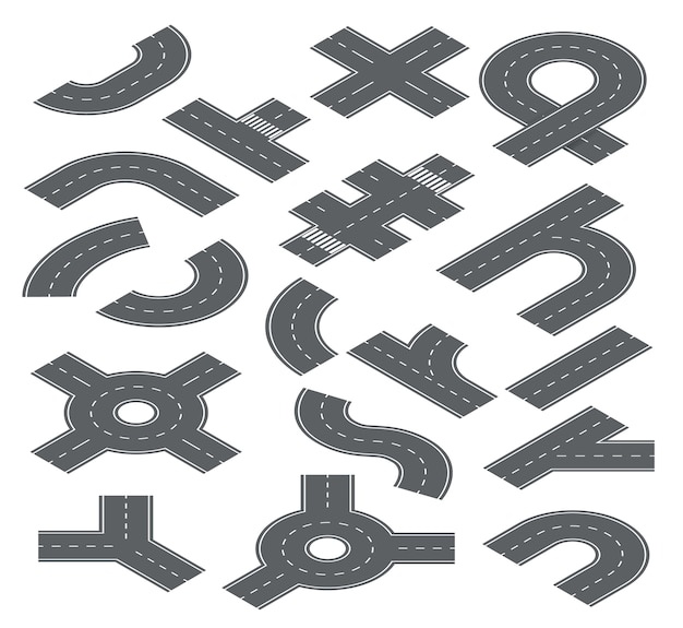 Road isometric elements. Traffic streets, auto roads and highway for city map navigation. Speedway, crossroad and footpath set. Illustration road highway, traffic part speedway and segments