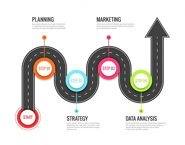 Road journey infographic. Trip directional map winding road, travel to success. Footpath concept