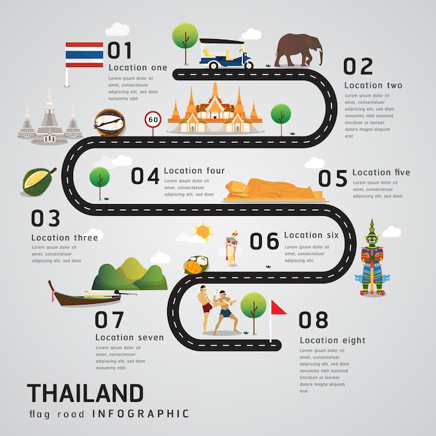 Vector road map and journey route timeline infographics in thailand