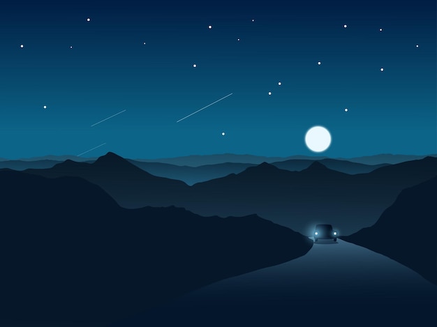 Road night scene with moon and mountain