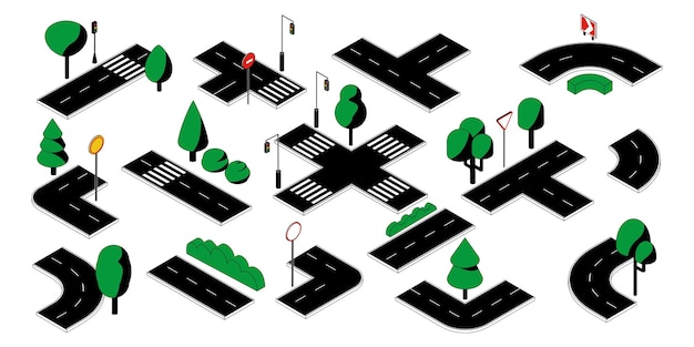 Road parts City street blocks with crossroads and crosswalk Isometric roadway with lights and traffic signs bushes or trees Highway pieces for urban construction kit vector set