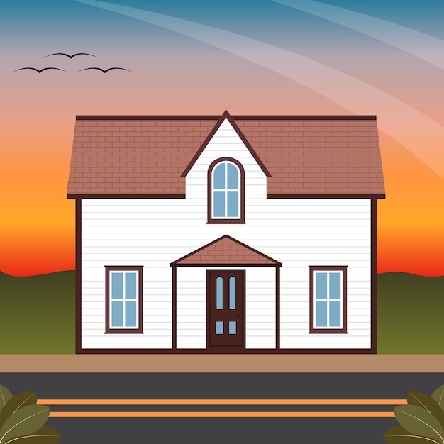 Road Side House In Sunset Illustration, House Illustration, Home Illustration, Interior Design