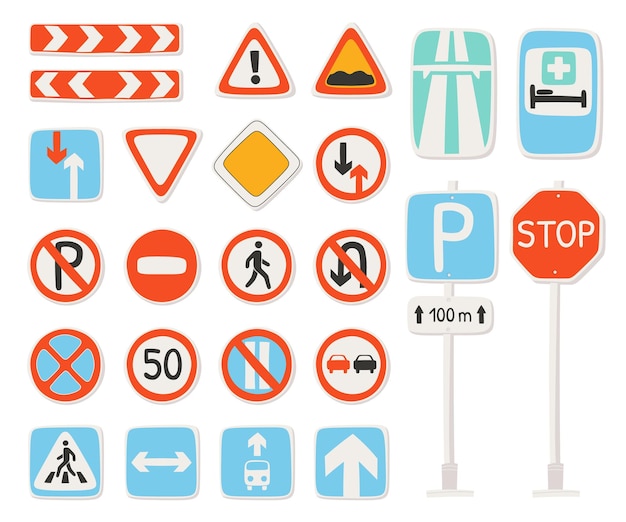 Vector road signs flat icons set traffic symbols information on way about danger direction roadworks limited speed sign important elements for safety driving color isolated illustrations