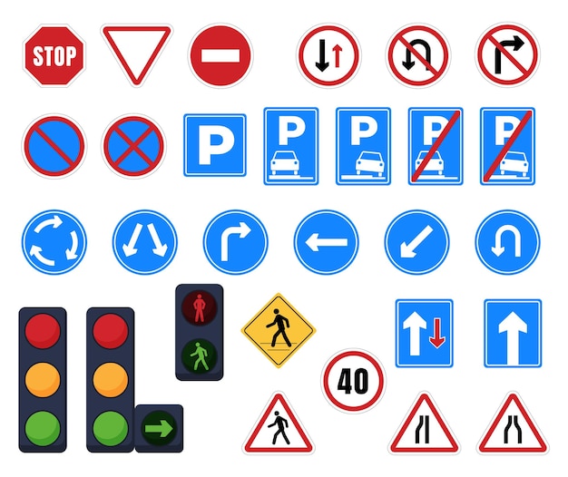 Road Signs. Stop, parking, direction of traffic, pedestrian crossing, signposts and prohibition signs. Traffic light