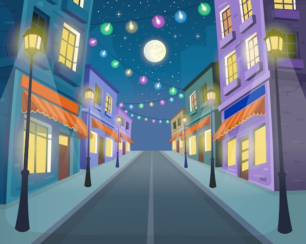 Vector road over the street with lanterns and a garland. vector illustration of the city street in cartoon style.