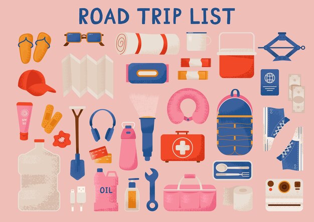 Vector road trip kit set vacation by a car equipment backpack with necessities driving a car on a summer holidays traveling the world preparation flat vector illustration