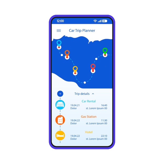 Road trip planner smartphone interface template. GPS navigation mobile app layout. Automobile route planning, destination, location search screen. Travel itinerary application flat UI. Phone display