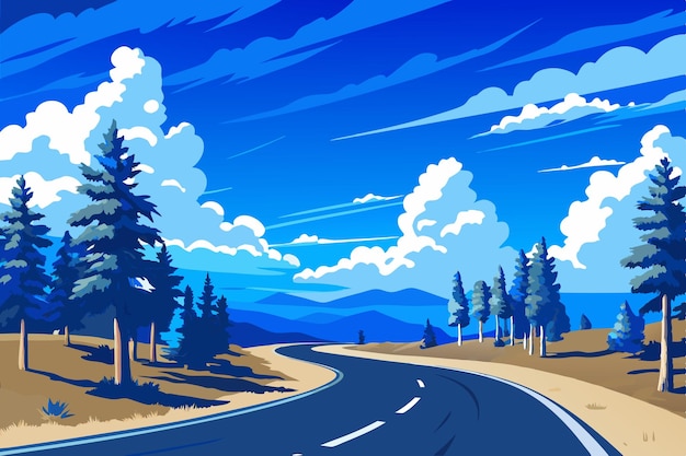 Vector a road with a picture of a mountain landscape and a blue sky with clouds