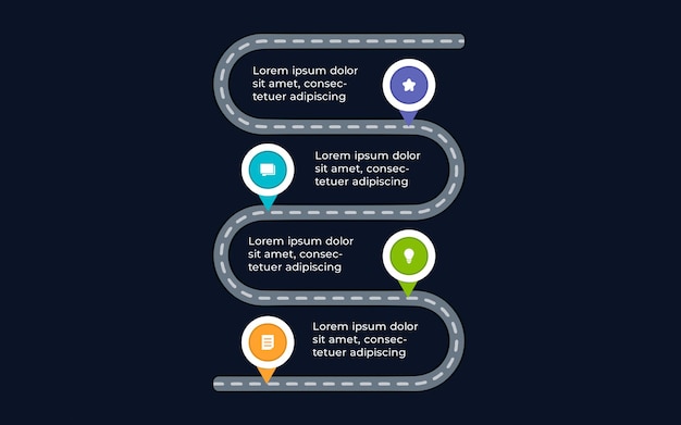 Vector roadmap infographic template with 4 option with pointers, icons for business presentation