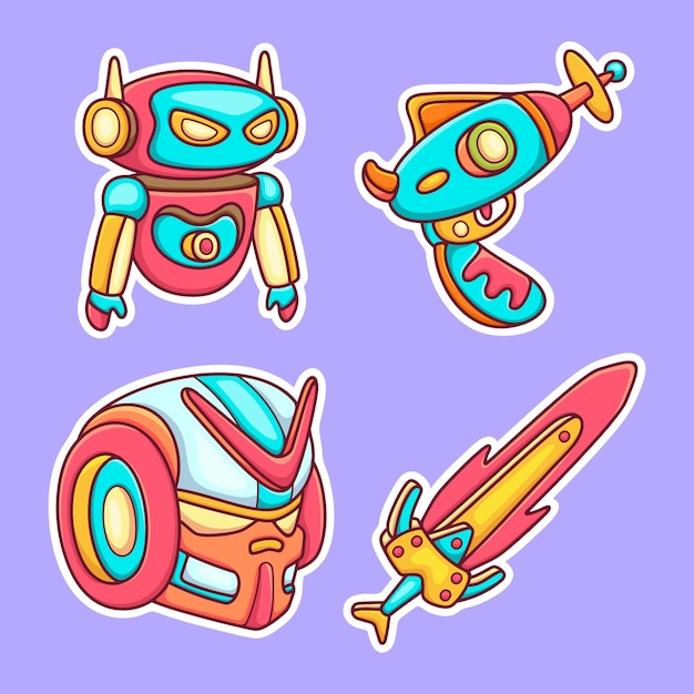 Robot Toys Sticker Icons Hand Drawn Coloring Vector