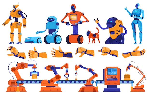 Vector robots and robotics arm manufacturing, industrial equipment, assembly line machines, robotical engineer workers  illustration.
