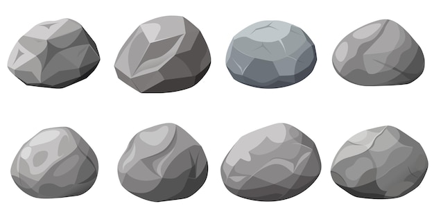 Vector rock stone set cartoon cobble stone game objects vector grey rock stone isolated on white