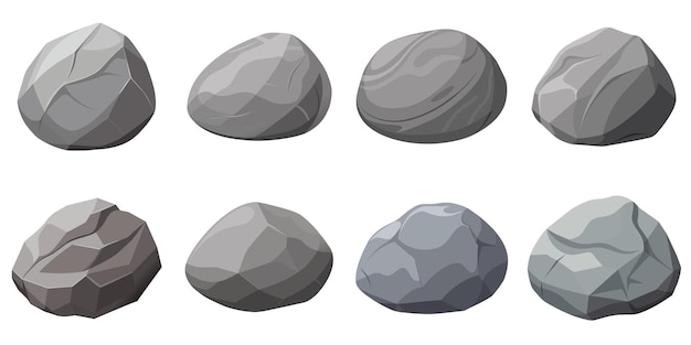 Vector rock stone set cartoon cobble stone game objects vector grey rock stone isolated on white