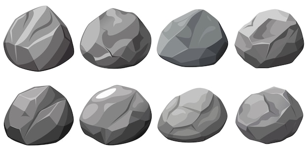 Vector rock stone set cartoon cobble stone game objects vector grey rock stone isolated on white