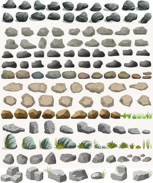 Vector rock stone set with grass cartoon in flat style.