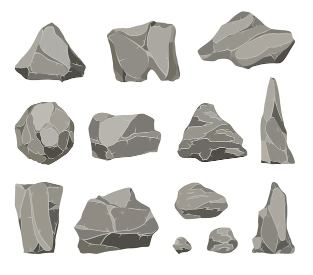 Rock stones. Graphite stone, coal and rocks pile for wall or mountain pebble. Gravel pebbles, gray stone heap cartoon isolated vector icons illustration set.