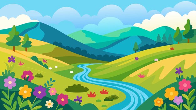 Vector the rolling farmlands are a picture of tranquility with colorful wildflowers covering the fields and a peaceful stream winding its way through the valley