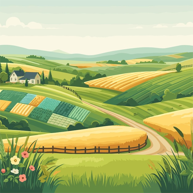 Vector rolling hills covered in farmland vast landscape with rolling green hills