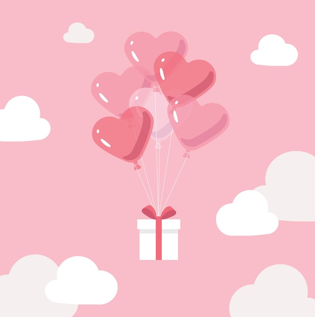 Vector romantic surprise present box with balloonin the sky