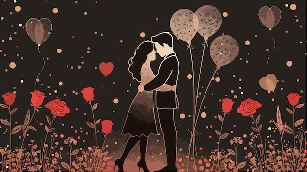 Vector romantic young couple with roses and balloons on black background