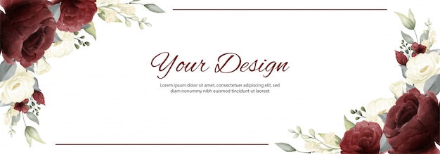 Rose watercolor white and red color blossom flower banner