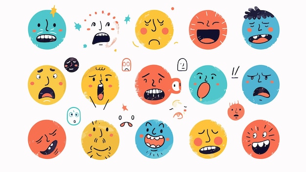 Vector round abstract comic faces with various emotions expressive fun colorful diverse characters