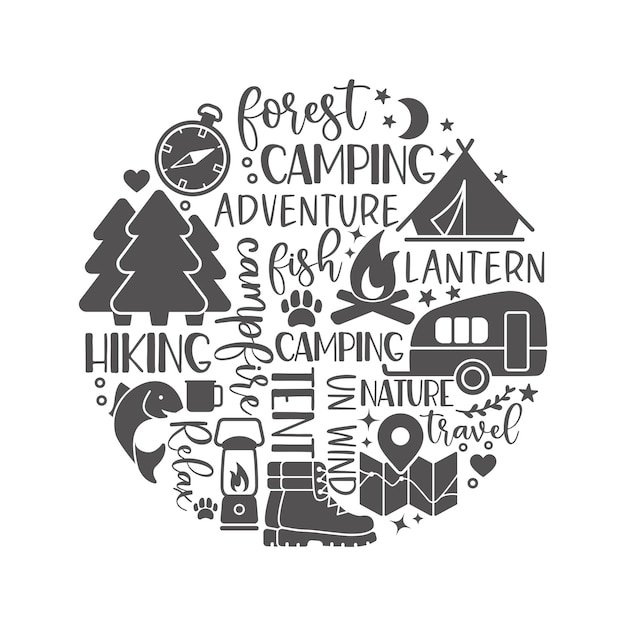 Vector round composition of inscriptions and pictures on the theme of hiking and outdoor recreation