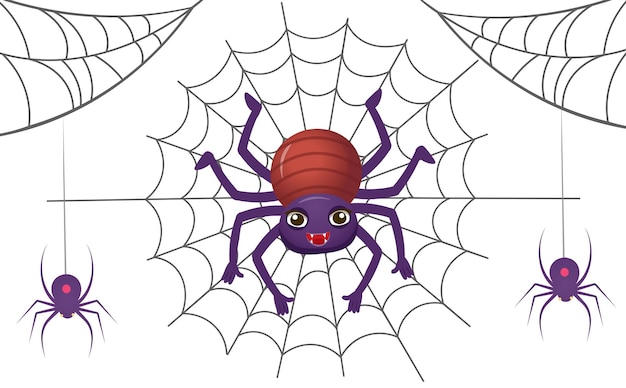 Round web with cartoon spider for children on a white background Cobweb silhouette