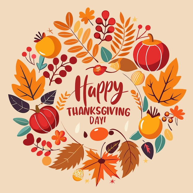 Vector a round wreath with a happy thanksgiving greetings