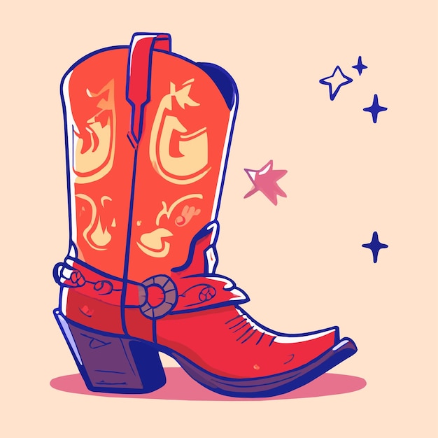 Vector rubber boots retro cowgirl hand drawn flat stylish cartoon sticker icon concept isolated