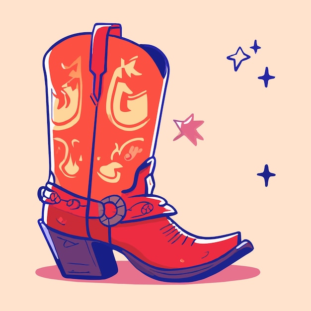 Rubber boots retro cowgirl hand drawn flat stylish cartoon sticker icon concept isolated