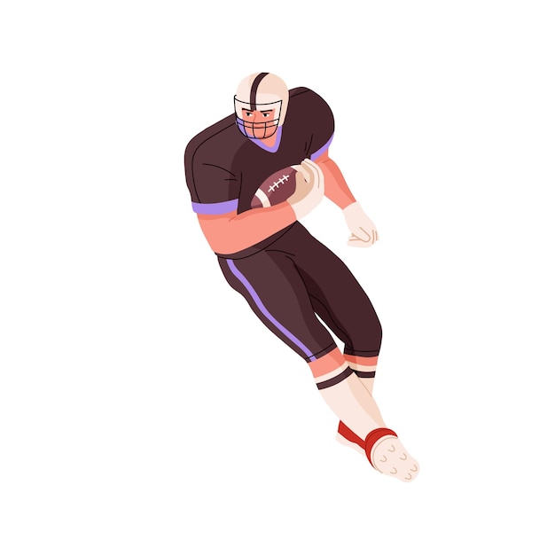 Rugby player holding caught ball in hand and running away American football athlete in helmet and sports uniform Man playing active game Flat vector illustration isolated on white background