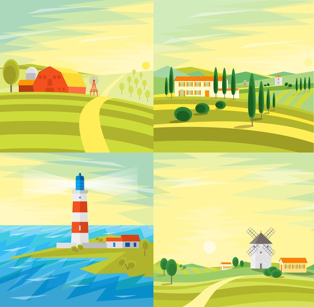 Vector rural farm landscape with houses or traditional old windmill and lighthouse on sea with waves for navigation. flat style illustration