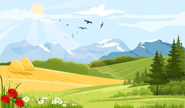 Vector rural landscape background hills meadow forest and mountains beautiful natural panorama and