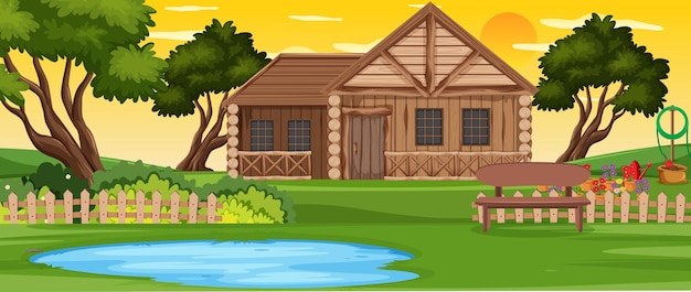 Rural wooden house outdoor landscape