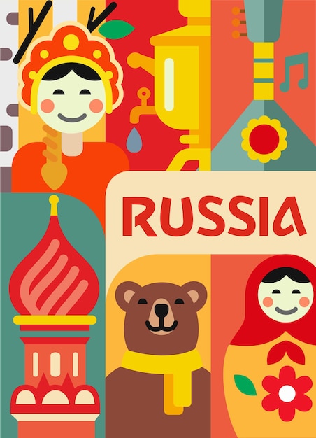 Russia set poster. Russian doll, Kremlin, samovar.