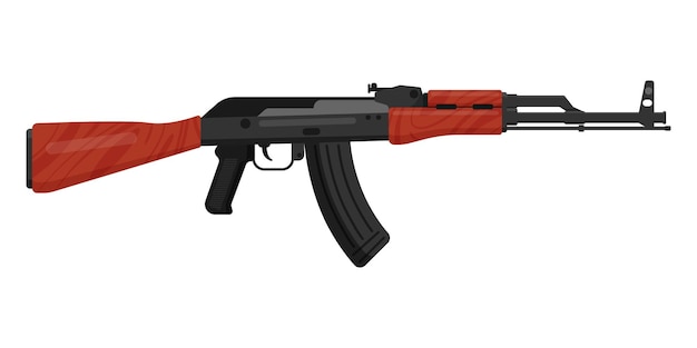 Russian AK 47 Kalashnikov assault rifle with wooden butt. Concept of terrorism and war with the use of military firearms for soldiers. Vector cartoon isolated illustration.